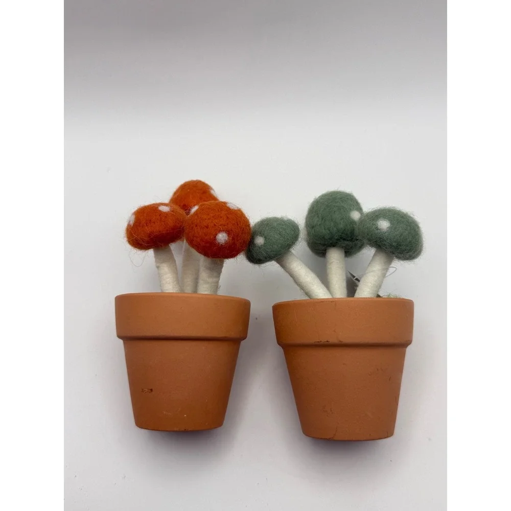Wool and Ceramic Potted Mushroom Decor Set Orange Green Felted Toadstools 2pc